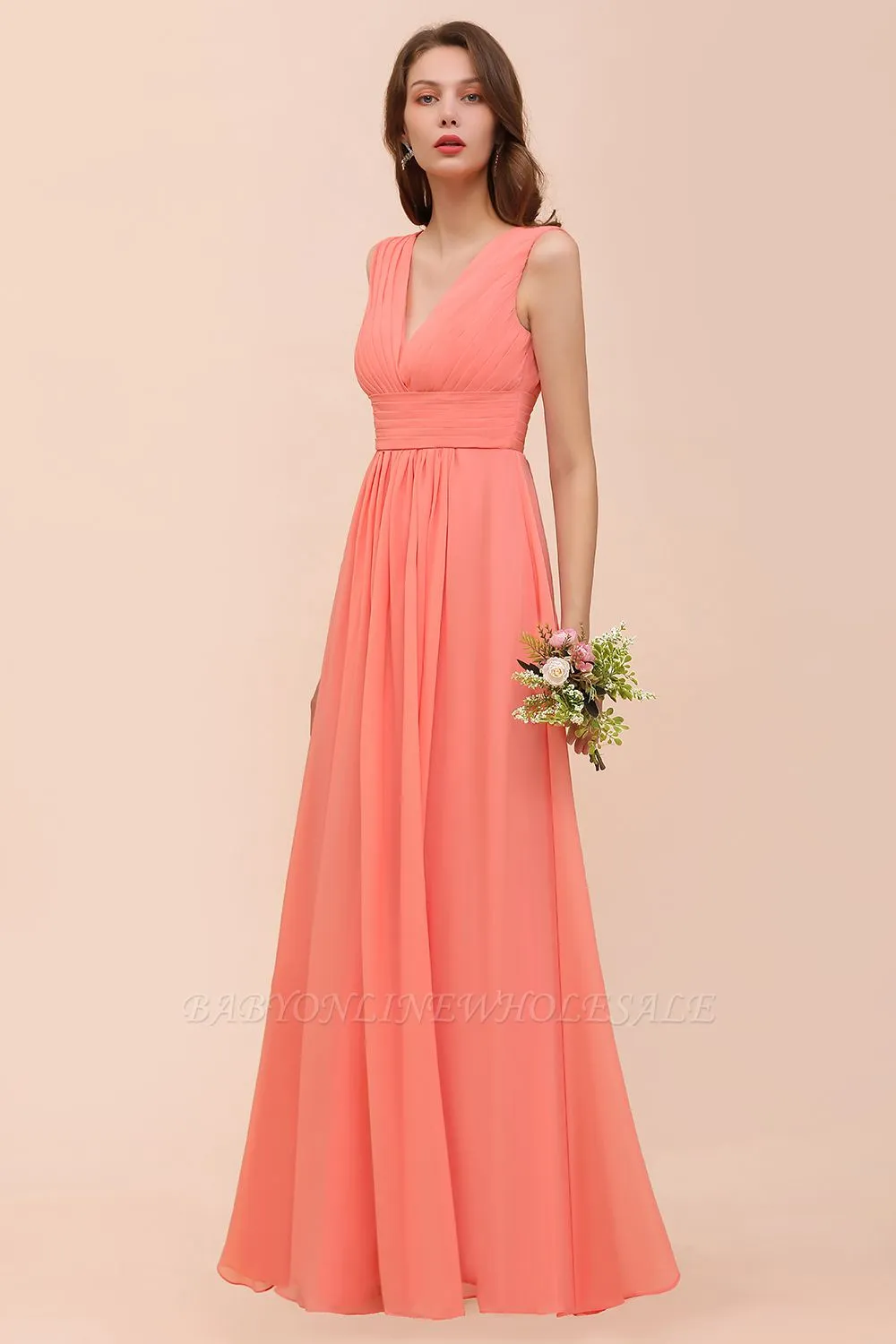 Coral V-Neck Aline Bridesmaid Dress Sleeveless Wedding Guest Dress - Image 4