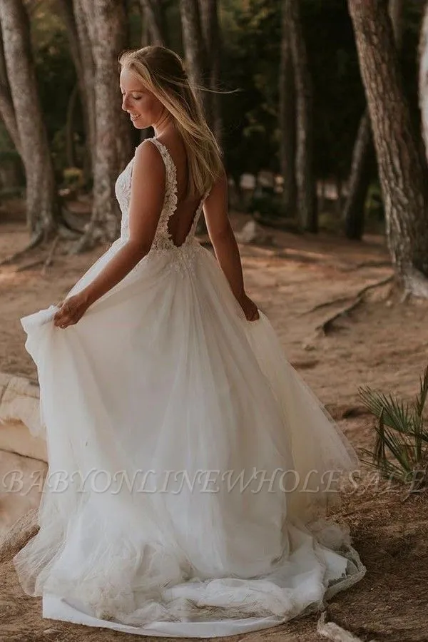 Straps V-neck Floor Length Sleeveless A-line White Beach Wedding Dress - Image 4