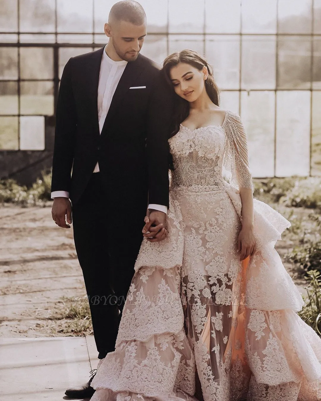 Stylish Long Sleeves Mermaid Wedding Reception With Layers Of Detachable Train - Image 2