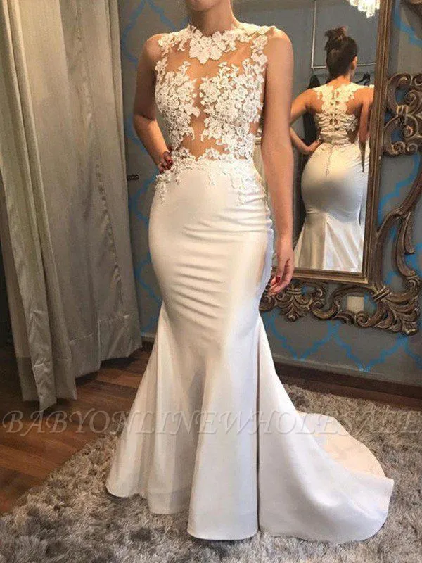 Satin Mermaid Scoop Sleeveless Applique Court Train Wedding Dresses - Image 2