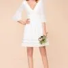 White Ruffle Sleeves Knee Length Bridesmaid Dress V-Neck Wedding Dress