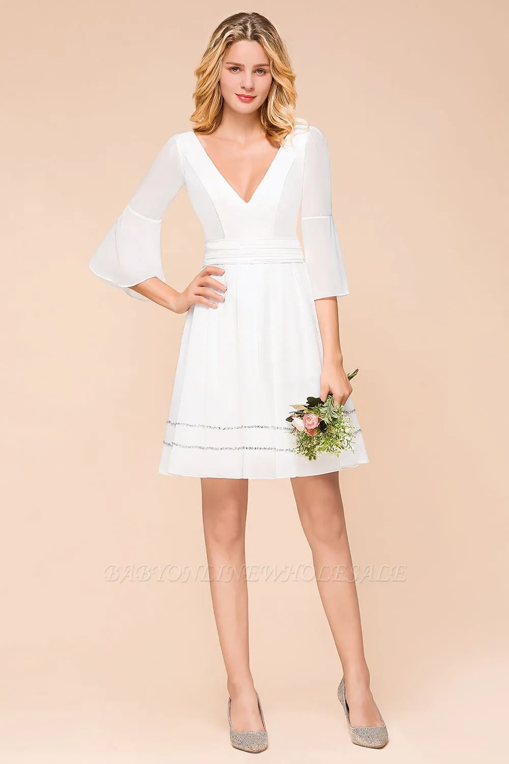 White Ruffle Sleeves Knee Length Bridesmaid Dress V-Neck Wedding Dress