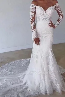 Elegant Off Shoulder White Lace Mermaid Wedding Gown With Floral Appliques