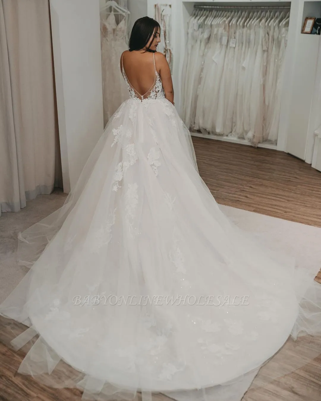 Sleeveless Floral Lace Tulle Wedding Dress - Image 3