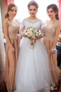 Lace Appliques Long Sleeve Wedding Dresses | Tulle Floor Length Bridal Gowns