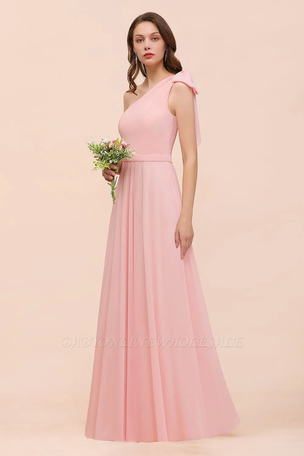 One Shoulder Soft Chiffon Bridesmaid Dress Pink Maid Of Honor Dress
