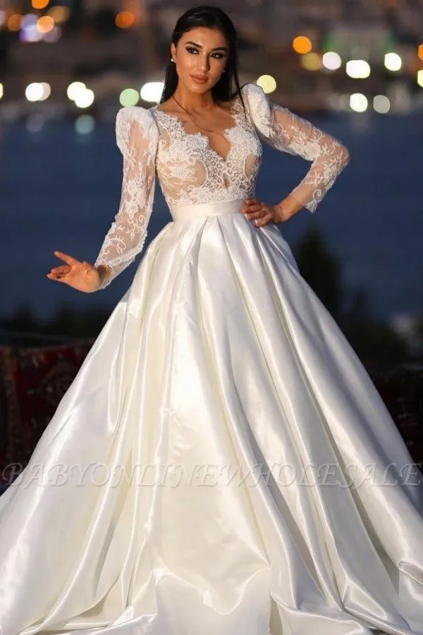 Charming Long Sleeves V-neck Satin Wedding Dress With Lace