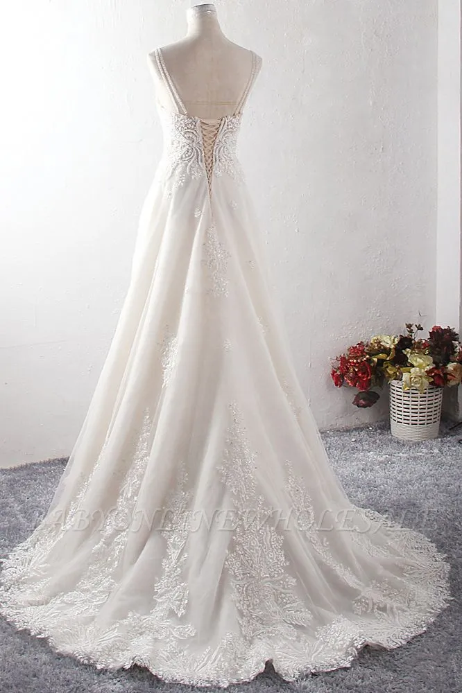 Charming Ivory Floor Length A-Line Straps Tulle Wedding Dress With Appliques - Image 2