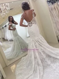 Elegant White Off-the-shoulder Lace Mermaid Backless Wedding Dress