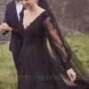Black Long Sleeves V-neck A-line Wedding Dress