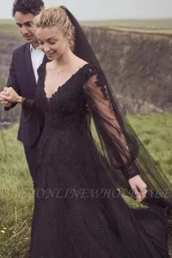 Black Long Sleeves V-neck A-line Wedding Dress