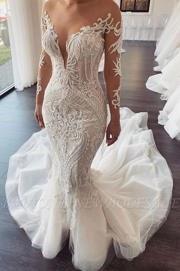 Long Sleeves V-neck Lace Mermaid White Wedding Dresses Online