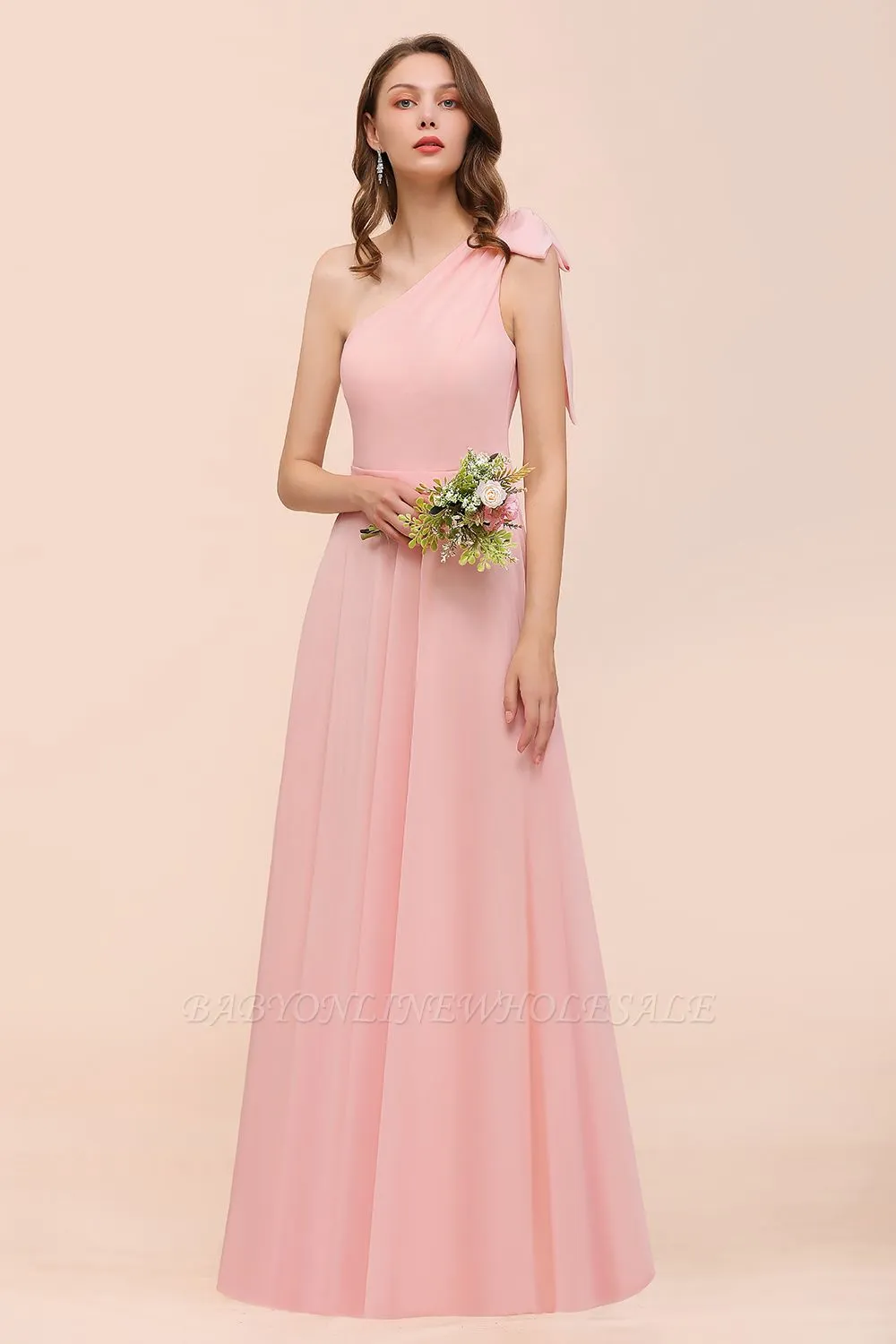 One Shoulder Soft Chiffon Bridesmaid Dress Pink Maid Of Honor Dress - Image 4