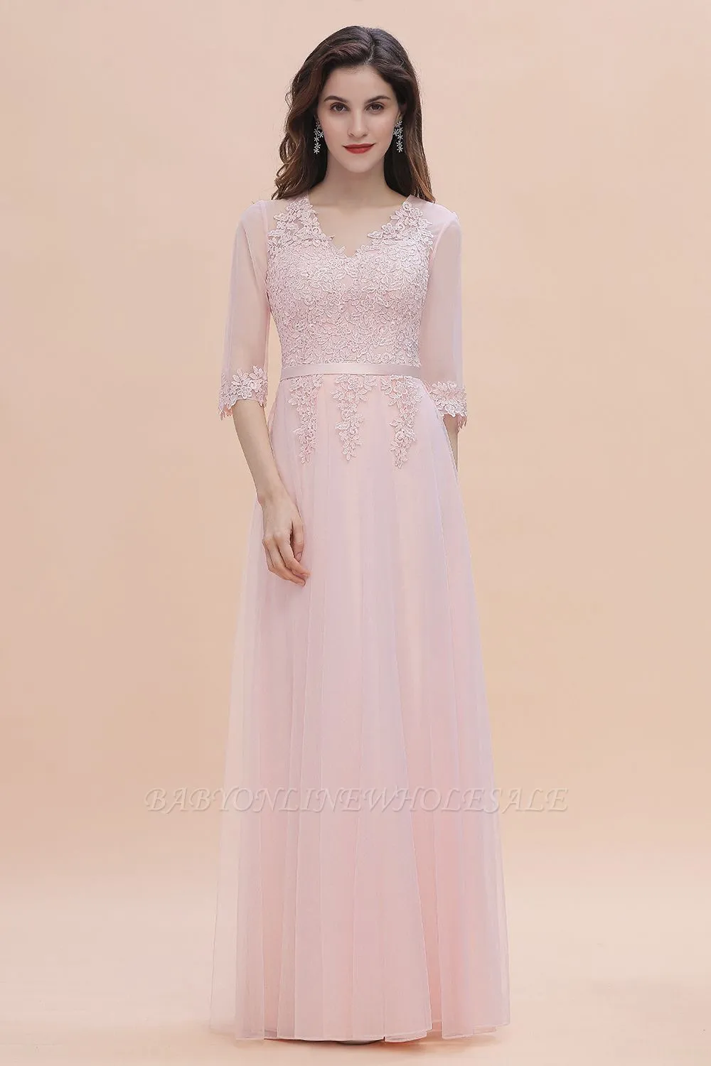 Romantic 3/4 Sleeves Pink Wedding Guest Dress Lace Appliques - Image 4