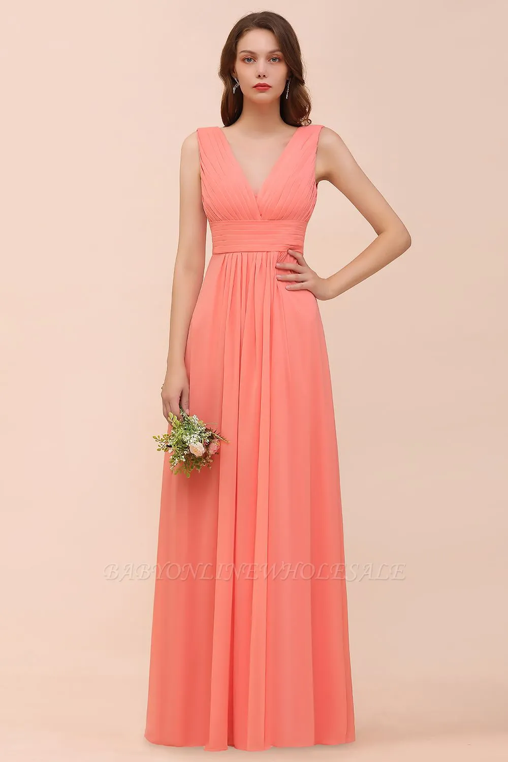 Coral V-Neck Aline Bridesmaid Dress Sleeveless Wedding Guest Dress