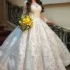 Elegant White Crew Neck Aline Wedding Dress With Lace Appliques