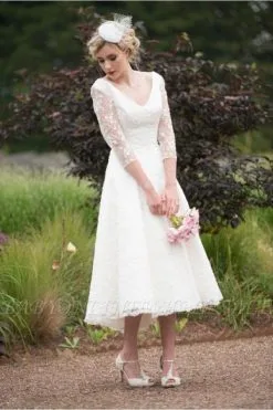 Gorgeous White 2/3 Sleeves V-neck Short Garden Wedding Dress