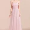 Romantic Spaghetti Straps Pink Chiffon Bridesmaid Dress Aline V-Neck Evening Swing Dress