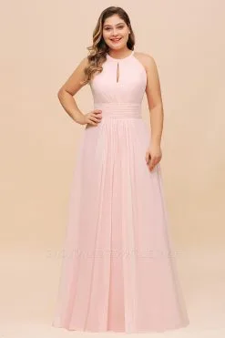 Plus Size Pink Halter Wedding Guest Dress Sleeveless Chiffon Aline Bridesmaid Dress