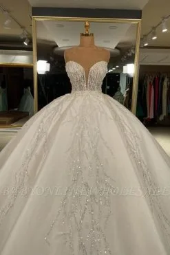 Sweetheart Sleeveless Crystals Ball Gown Cathedral Train