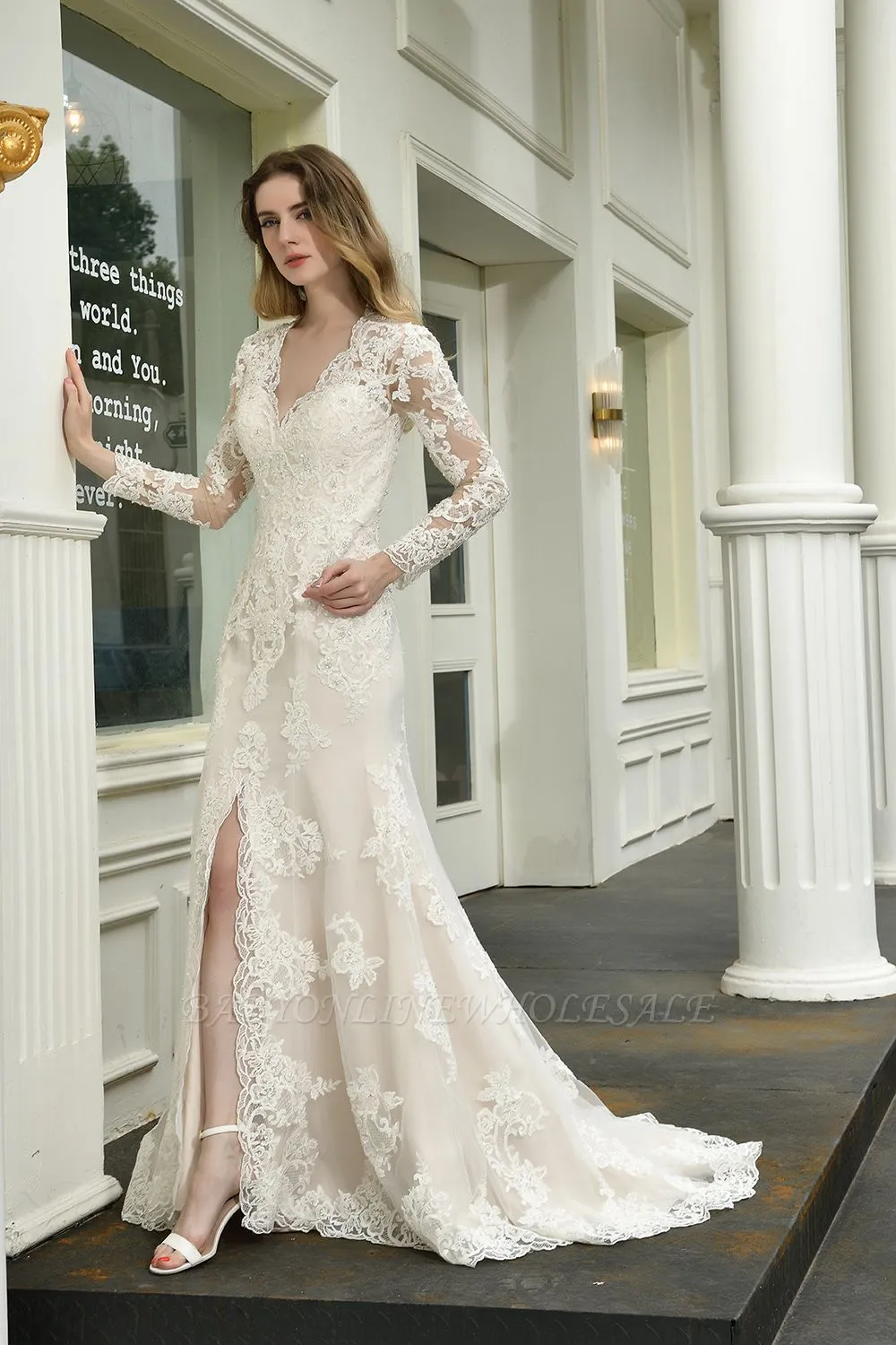 Delicate V-Neck High Split Long Sleeves Lace Wedding Dress With Court Train - Image 6