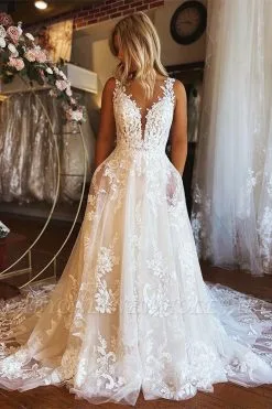 Charming A-line Floor Length V-neck Garden Sleeveless Lace Backless Wedding Dress