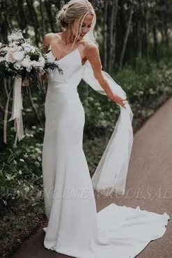 Summer White Boho Column Beach Court Train Wedding Dress