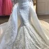 Charming Crew Neck Lace Appliques Mermaid Wedding Bridal Gowns With Detachable Train