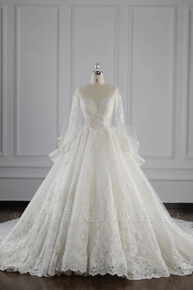 Charming Long Sleeves Floor Length Jewel Tulle Wedding Dress With Ruffles - Image 2