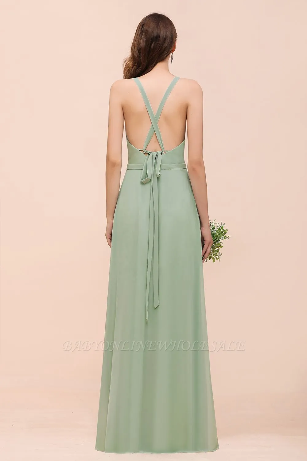 Mint Green V-Neck Sleeveless Bridesmaid Dress Aline Formal Dress - Image 2