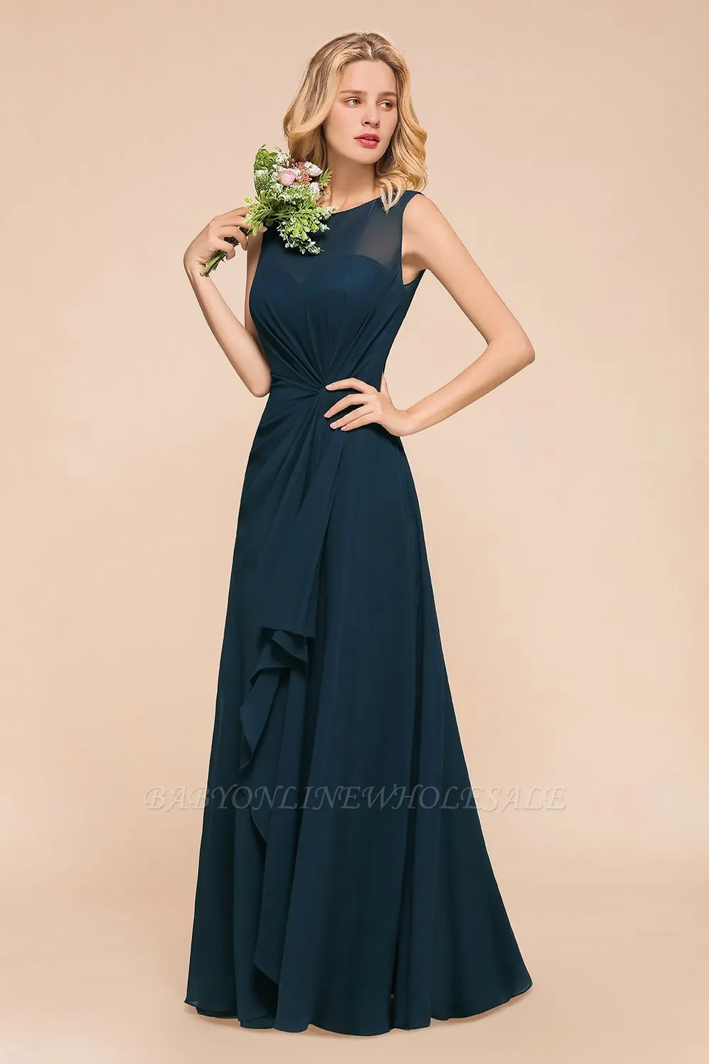 Jewel Neck Sleeveless A-line Bridesmaid Dress With Ruffle Chiffon - Image 5