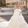 Chic Tiered Floor Length Sweetheart Sleeveless A Line Off-The-Shoulder Tulle Ball Gown Wedding Dress With Cathedral Train