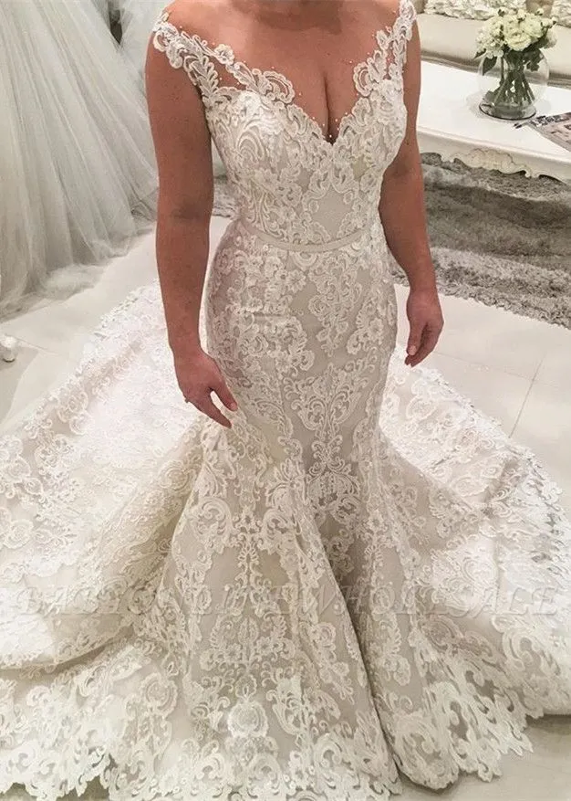 Charming Sleeveless Mermaid Lace Wedding Dress|2021 Long Bridal Gowns