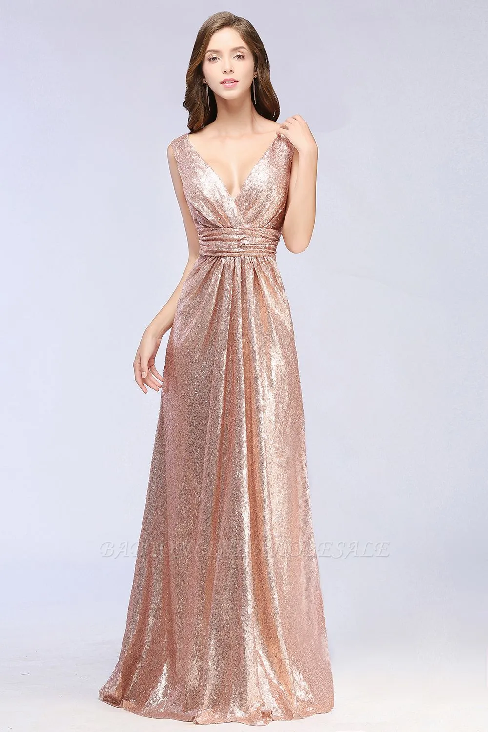 Elegant A-line Sequined V-Neck Sleeveless Floor-Length Bridesmaid Dresses - Image 4