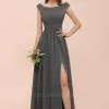 Grey Cap Sleeves 100D Chiffon Long Evening Dress With Side Slit