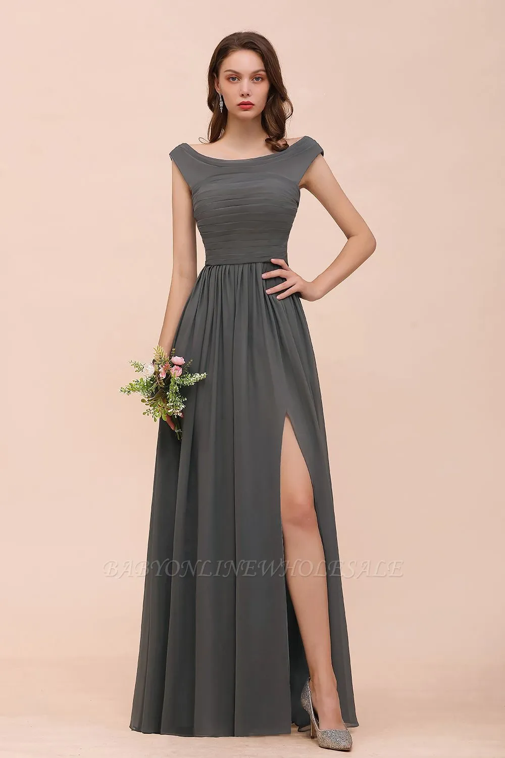 Grey Cap Sleeves 100D Chiffon Long Evening Dress With Side Slit