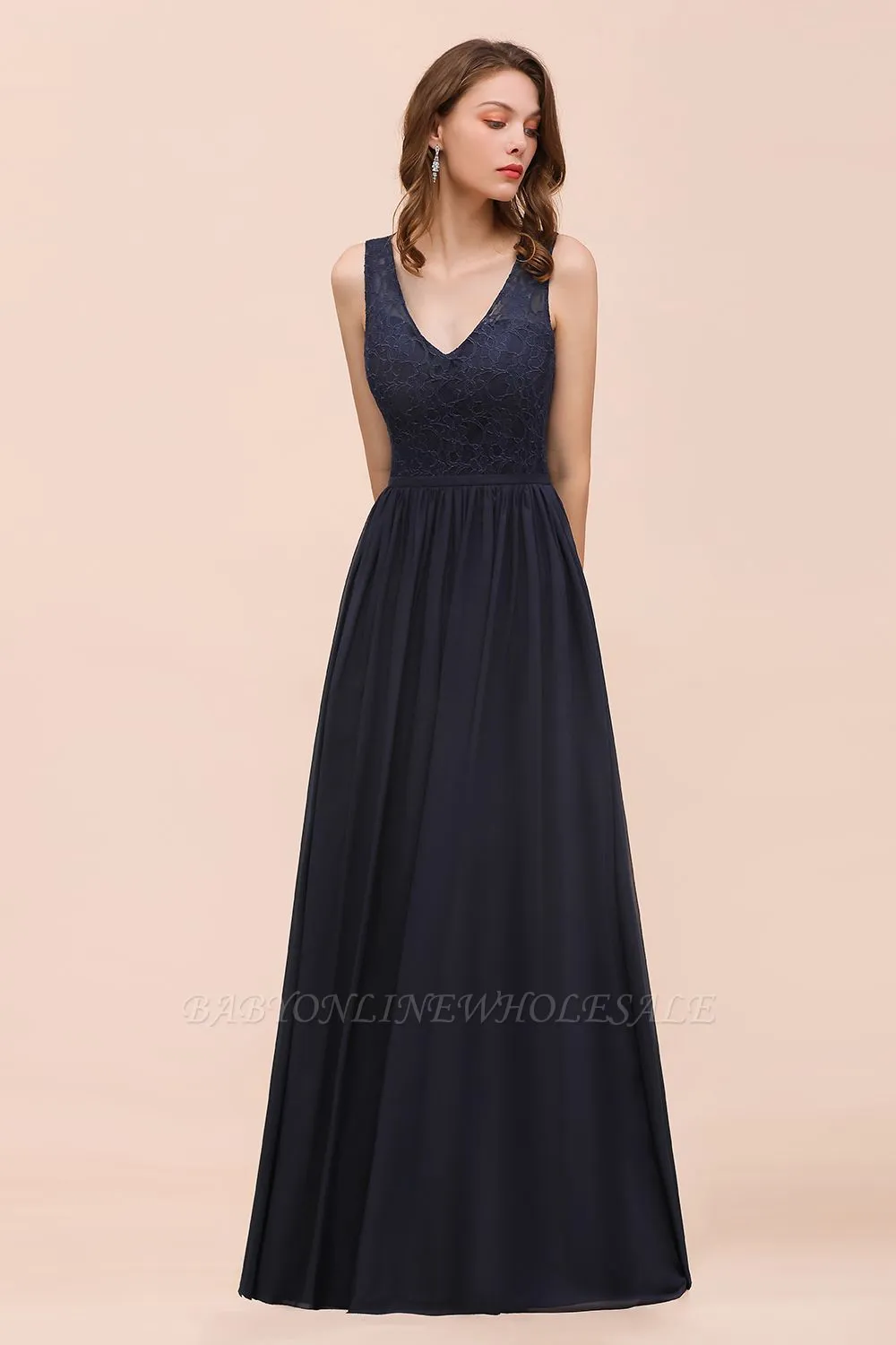 Elegant Aline Sleeveless Long Evening Dress V-Neck Chiffon Bridesmaid Dress - Image 3