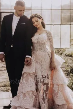 Stylish Long Sleeves Mermaid Wedding Reception With Layers Of Detachable Train