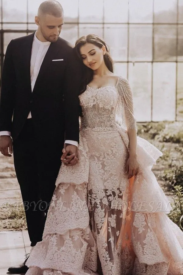 Stylish Long Sleeves Mermaid Wedding Reception With Layers Of Detachable Train