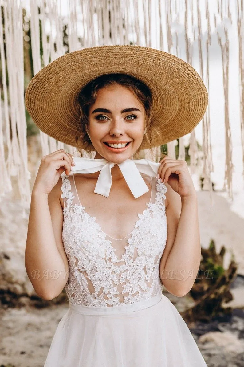 Boho Tulle White Beach Sleeveless Long Flowy Wedding Dress - Image 5