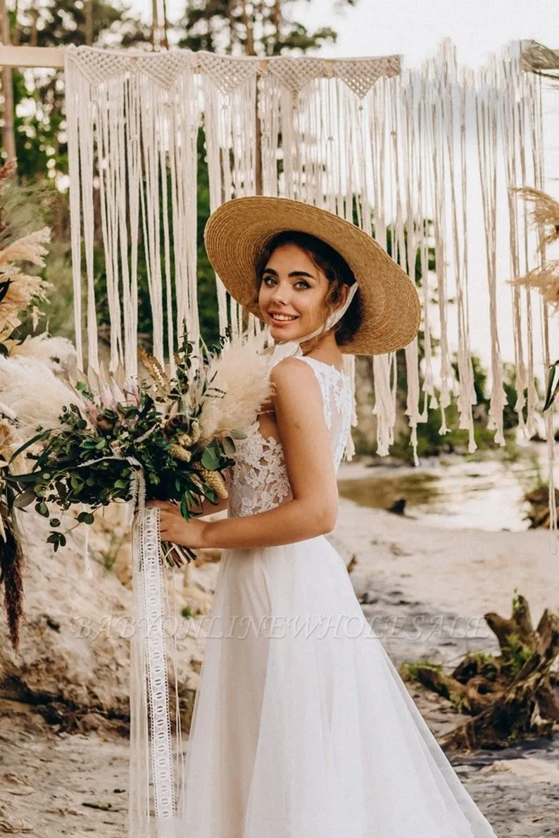 Boho Tulle White Beach Sleeveless Long Flowy Wedding Dress - Image 6