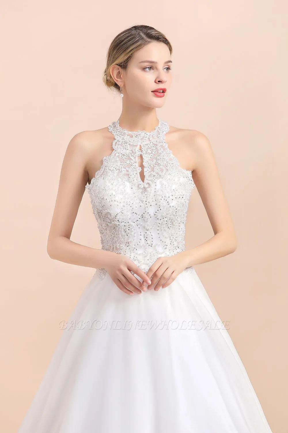 Elegant White Beaded Halter Ball Gown Lace Wedding Dress - Image 2