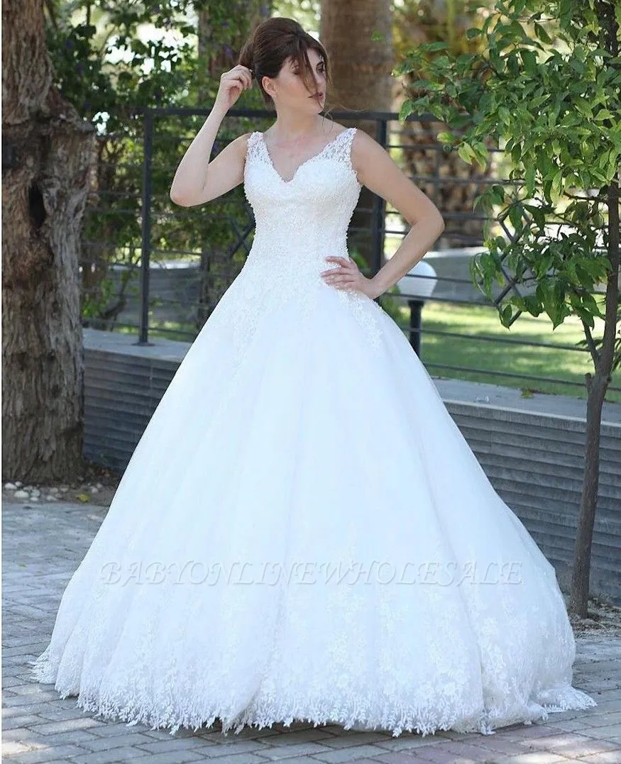 Fantastic Sleeveless V-Neck White Lace Aline Bridal Gown - Image 2