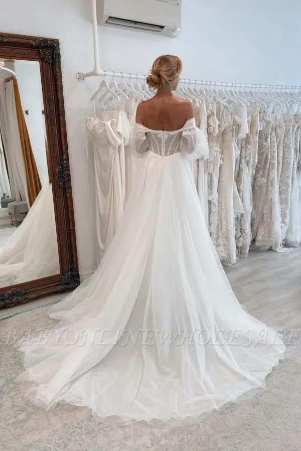 Chic Floor Length Sweetheart Long Sleeves A Line Split Front Tulle Wedding Dress With Chapel Train - Image 3