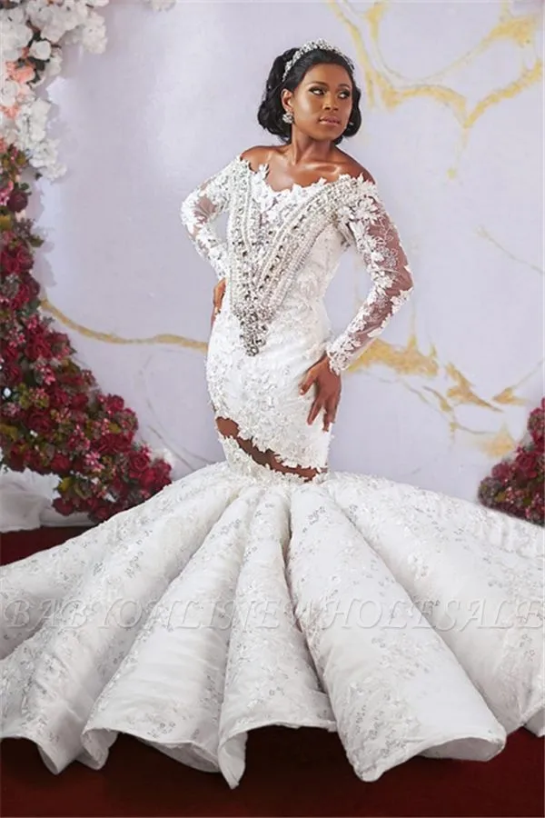 Luxurious Off-the-shoulder Long Sleeves Mermaid Ruffles Appliqued Beading Wedding Dresses - Image 3