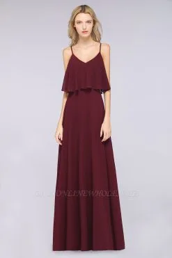 Sexy Chiffon Spaghetti-Straps V-Neck Floor-Length A-line Bridesmaid Dress