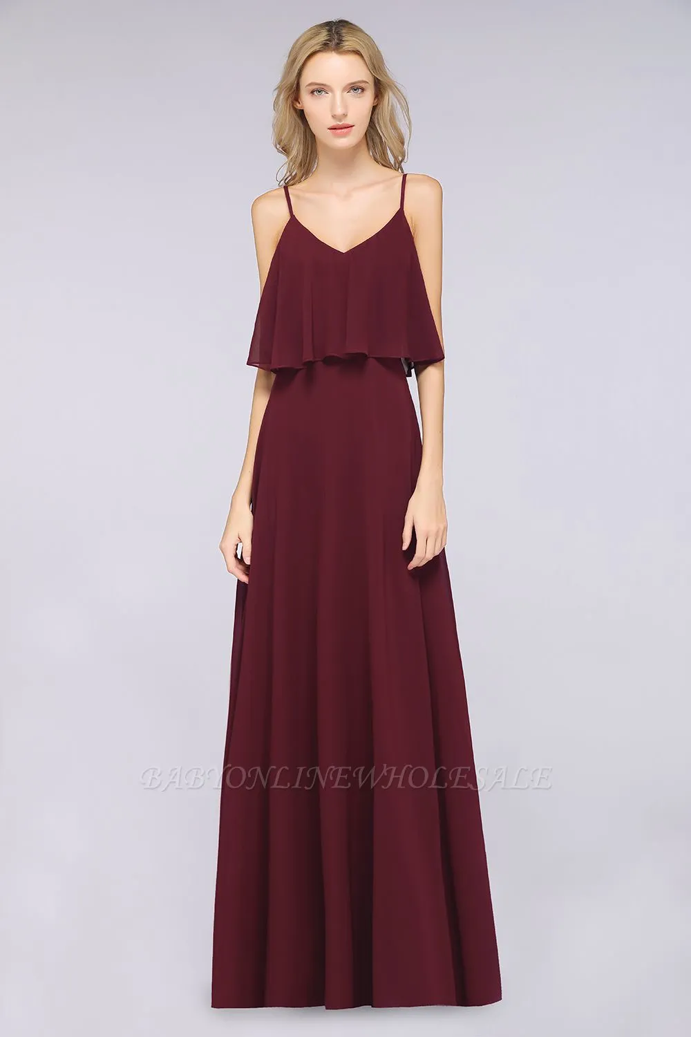 Sexy Chiffon Spaghetti-Straps V-Neck Floor-Length A-line Bridesmaid Dress