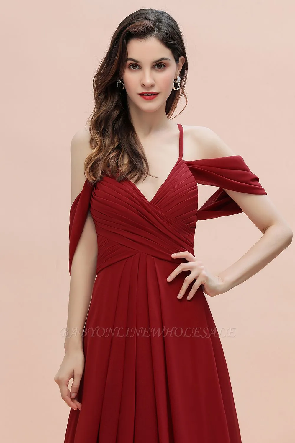 Elegant V-Neck Pleated Chiffon Bridesmaid Dress With Straps Cross Back Wedding Guest Dress - Image 5