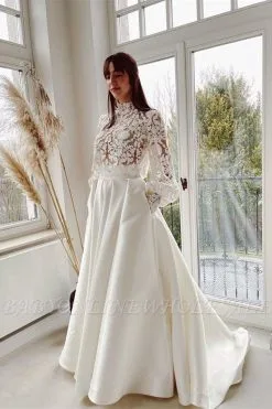Charming Floor Length High Neck Long Sleeve Mermaid Lace Wedding Dress With Applique