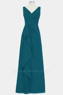 Summer Chiffon A-line Bridesmaid Dress | V-neck Floor Length Maid Of Honor Dress